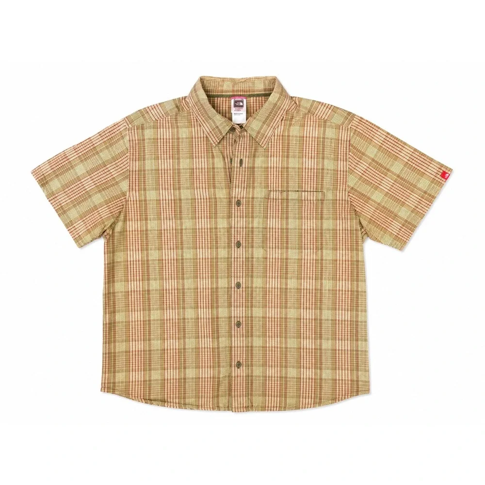 The North Face Plaid Button Up Hiking Shirt Tan Red Short Sleeve Men's XL